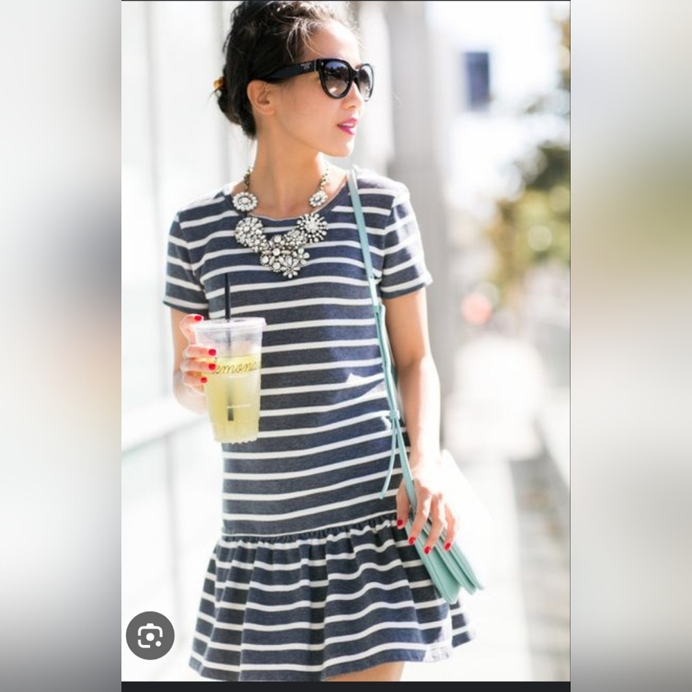 Striped Navy and White Drop-Waist Cotton Dress